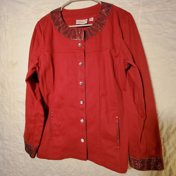 Rhinestone decorated Red Jeans Jacket - Picture 2 of 6